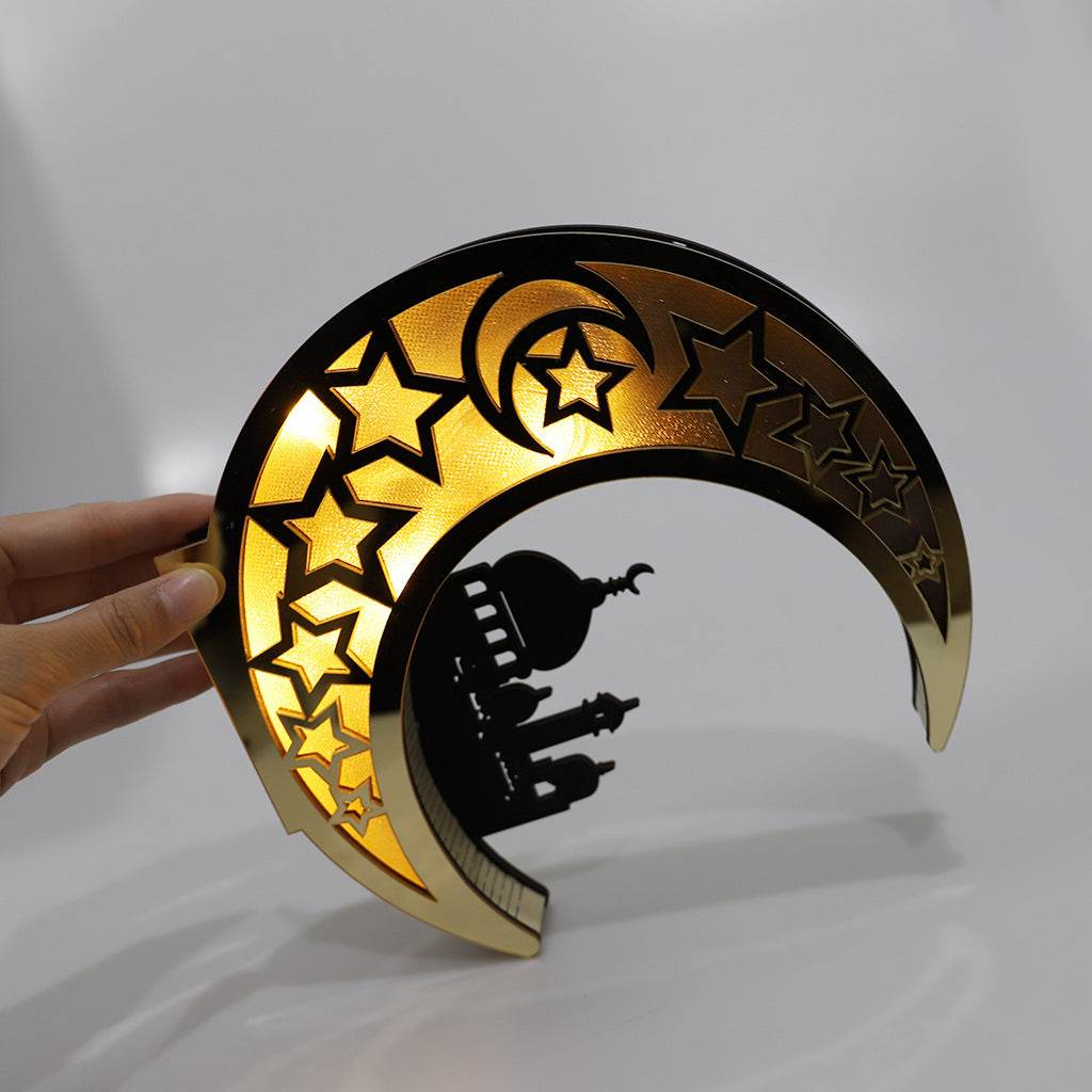 Wooden Eid Mubarak Mirror Golden Moon Castle craft Hollow Letters with LED Lights decor Ornaments - Velora