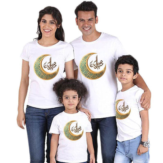 Parent-child short-sleeved Ramadan T-shirt Eid Mubarak moon print - Velora