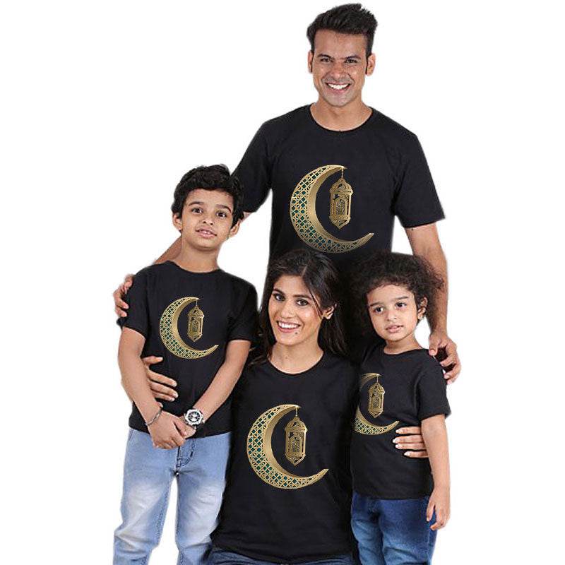 Parent-child short-sleeved Ramadan T-shirt Eid Mubarak moon print - Velora