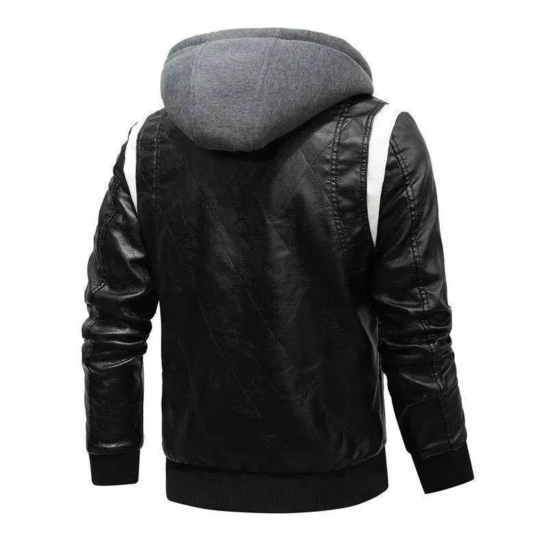 Men's Leather Stand Collar Zip up Hooded Winter Jacket - Velora