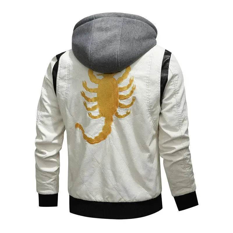 Men's Leather Stand Collar Zip up Hooded Winter Jacket