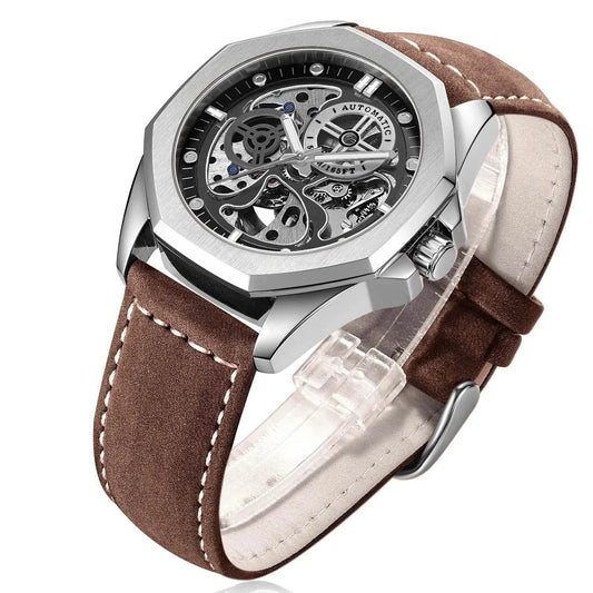 New Hollow Automatic Mens Leather Belt Waterproof Mechanical Watch - Velora