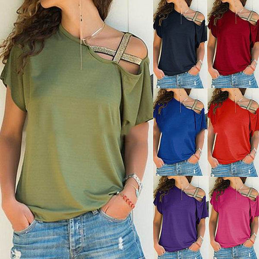 Women Skew Neck Summer Irregular Criss Cross Short Sleeves Sexy Off Shoulder Solid Tops Blusa Femme One Shoulder Blouse - Velora
