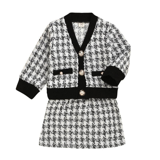 Black long-sleeved temperament two-piece suit skirt plaid children's clothing - Velora
