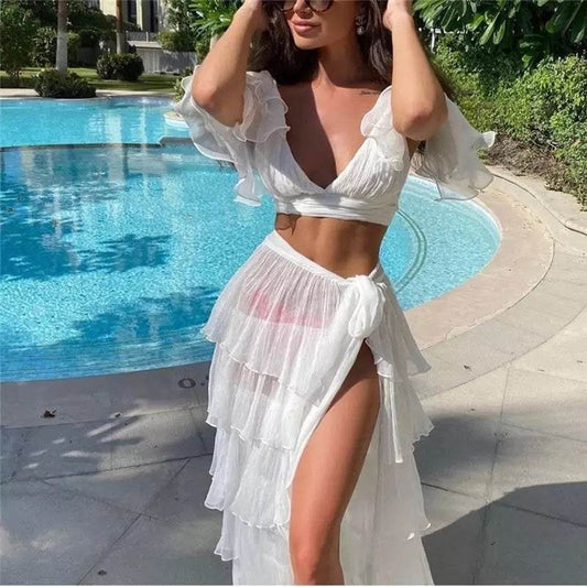 2pcs Summer White Vacation Resort Beach Outfit set summer fashion - Velora