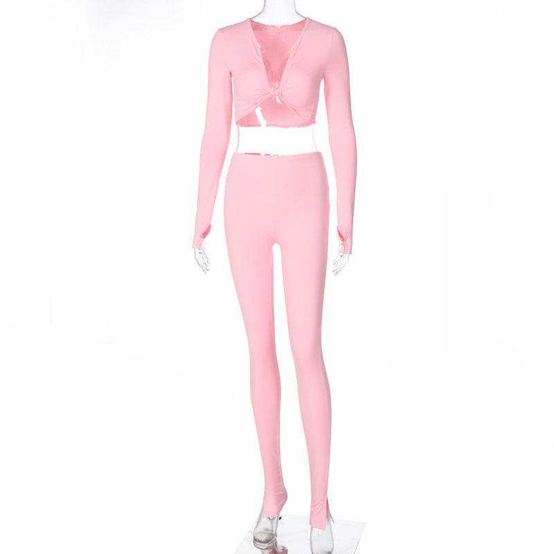 FQLWL Casual Summer 2 Two Piece Set Women Pink Outfit Long Sleeve Crop Top Leggings Women Joggers Matching Sets Ladies Tracksuit - Velora