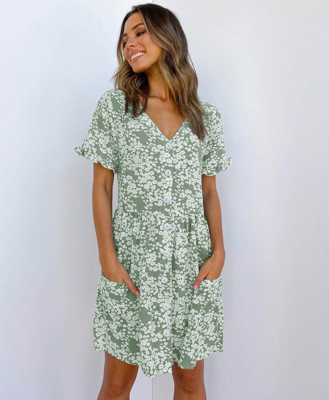 Casual Summer dresses Women Spring Mini short sleeve button down dot printed loose Dress - Velora