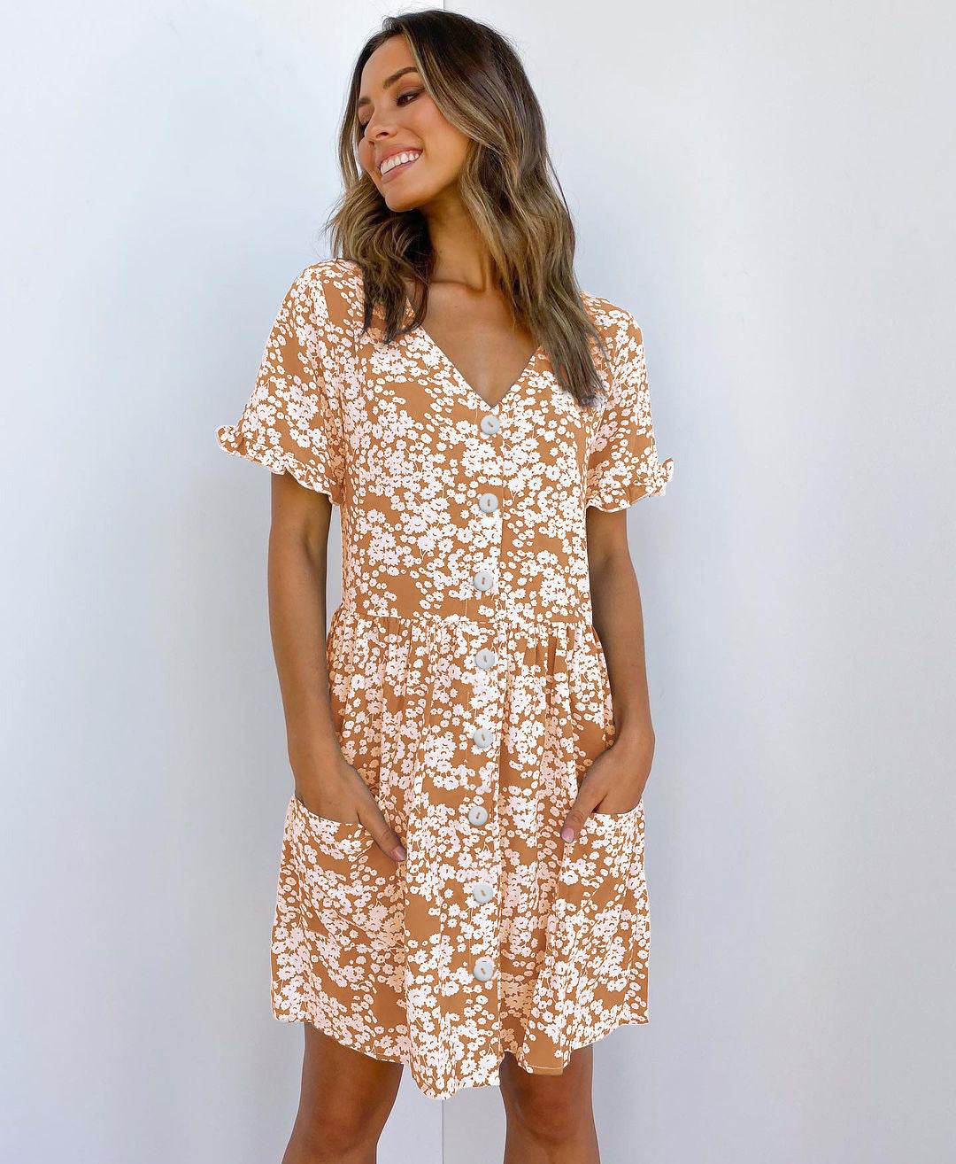 Casual Summer dresses Women Spring Mini short sleeve button down dot printed loose Dress - Velora