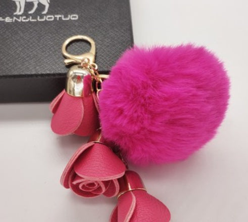 Cute Pompom Ball PU Rose Key Chains Handmade Fur Keyring Bags Decoration Pendant Keychains Jewelry Ornaments Kids Birthday Gifts