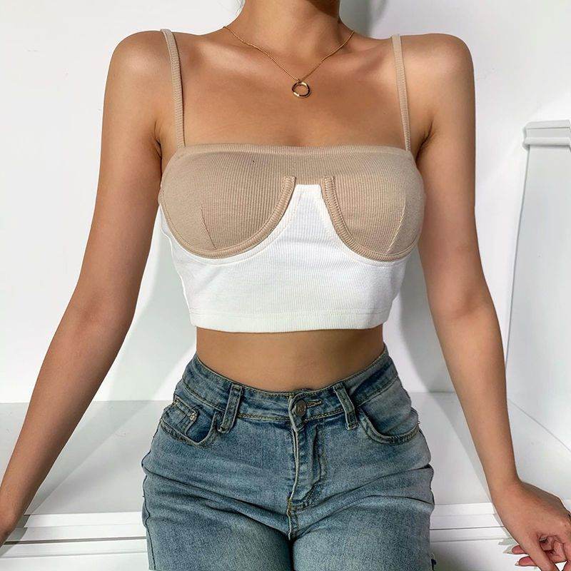 InstaHot Cami Top Women Summer Rib Knit Bikini Patchwork Slash Neck Slim Skinny Backless Crop Top Casual Fashion Strap Tops - Velora
