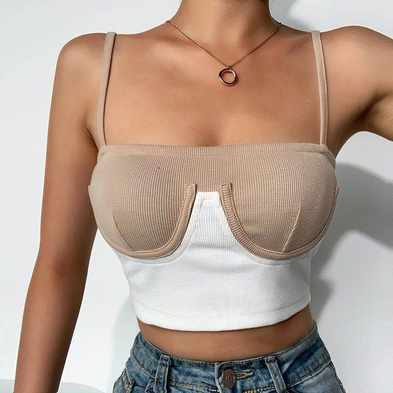 InstaHot Cami Top Women Summer Rib Knit Bikini Patchwork Slash Neck Slim Skinny Backless Crop Top Casual Fashion Strap Tops - Velora