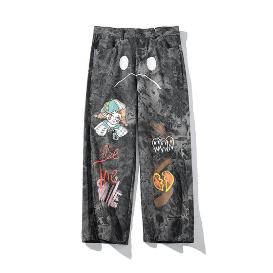 Streetwear Men Loose Denim Pants Graffiti Print Black Vintage Denim Pants Harajuku Joggers Trousers Cotton Jeans - Velora