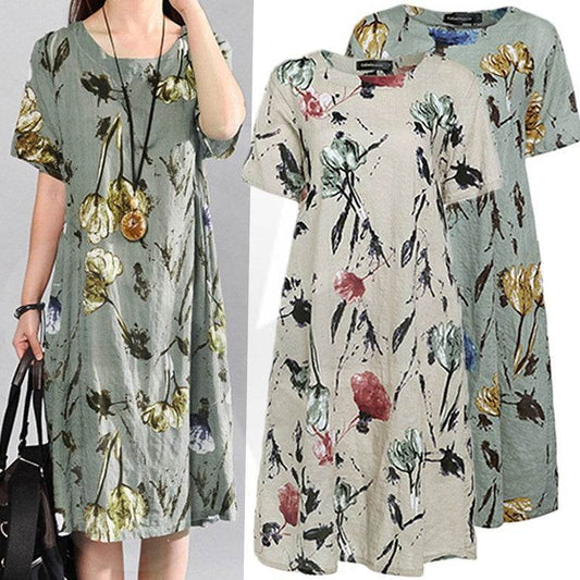 Bohemian Summer Print Loose Floral Dress For Women mum Dresses - Velora