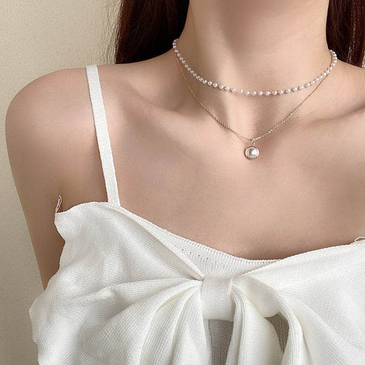 Europe And The United States Niche Design Double Necklaces Retro Pearl Clavicle Chain Net Red Fashion Fishtail Pendant Necklace Women - Velora