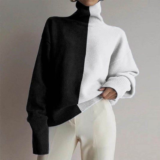 Casual Simple Contrast Color Turtleneck Sweater - Velora