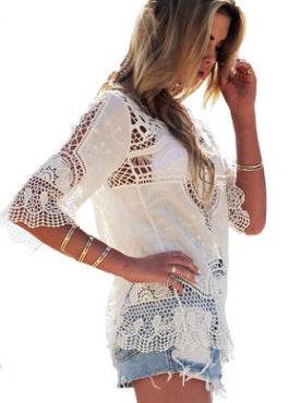 Jastie Bohemian Hollow Out Beach Cover Up Blouse Beach Shirt Women Crochet Lace Top Blusas mujer de moda Summer Tops - Velora