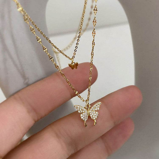 Fashion Jewelry Elegant Silver Color Shiny Butterfly Necklaces Ladies Exquisite Double Layer Clavicle Chain Necklace Jewelry Gift - Velora