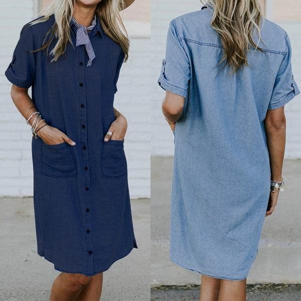 Women's Solid Color Casual Denim Short Sleeve Pocket loose Denim Dress - Velora