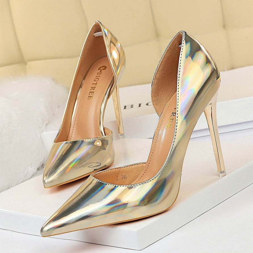 Metallic High Heels Stiletto High Heel Side Hollow Sexy Nightclub Women's Singles Shoes - Velora