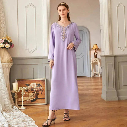 Casual Light Purple Heavy Industry Rhinestone Phnom Penh Robe Middle East Turkey Dress - Velora