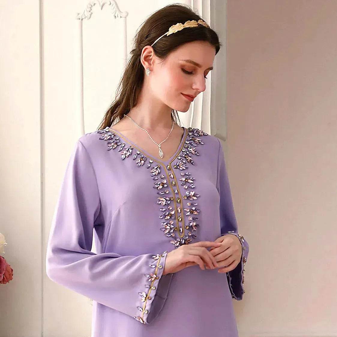 Casual Light Purple Heavy Industry Rhinestone Phnom Penh Robe Middle East Turkey Dress - Velora