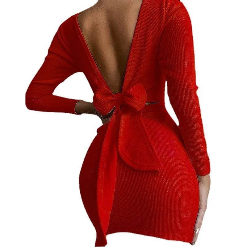 European And American Cross-border Bow Halter Long Sleeve Mini Dress - Velora