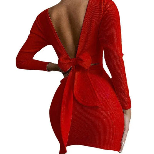 European And American Cross-border Bow Halter Long Sleeve Mini Dress - Velora