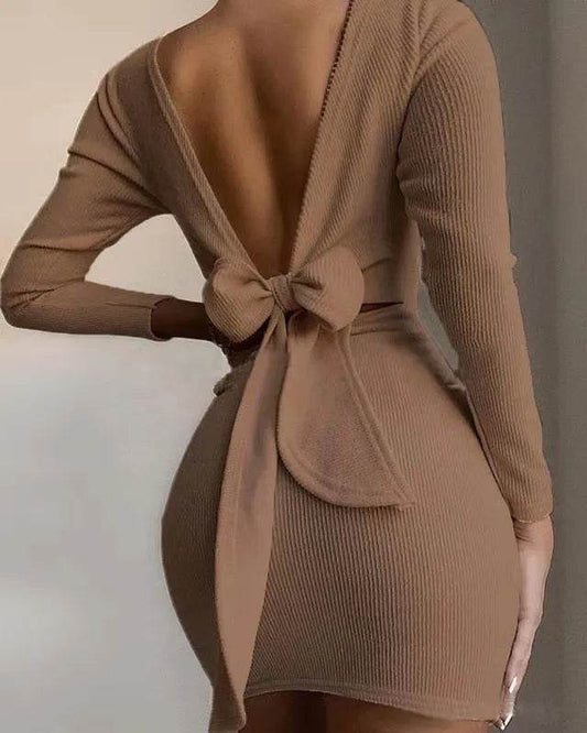 European And American Cross-border Bow Halter Long Sleeve Mini Dress - Velora