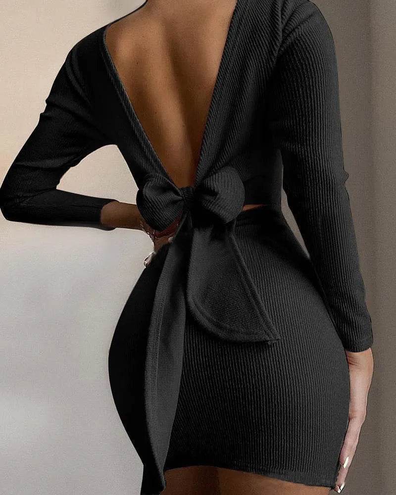 European And American Cross-border Bow Halter Long Sleeve Mini Dress - Velora