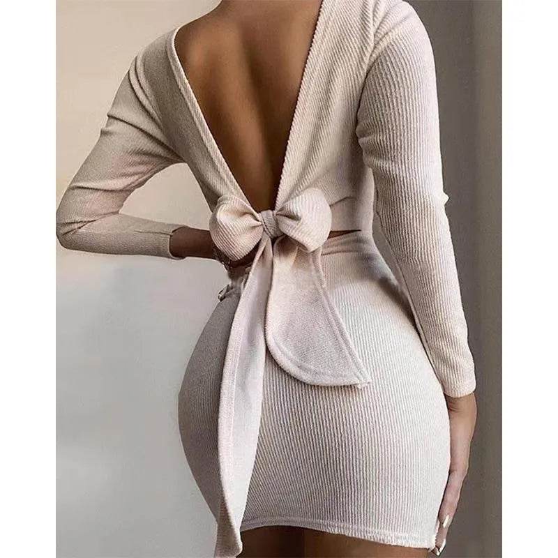 European And American Cross-border Bow Halter Long Sleeve Mini Dress - Velora