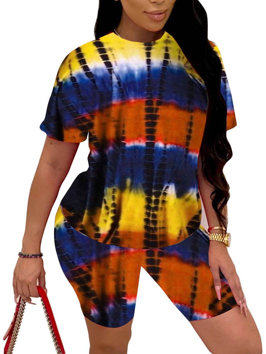 Tie-Dye Printed Pajama Sets Womens Summer Slim Casual Sleep Short Sleeve Shorts Sports Suit Loungewear Women Pigiama Donna - Velora