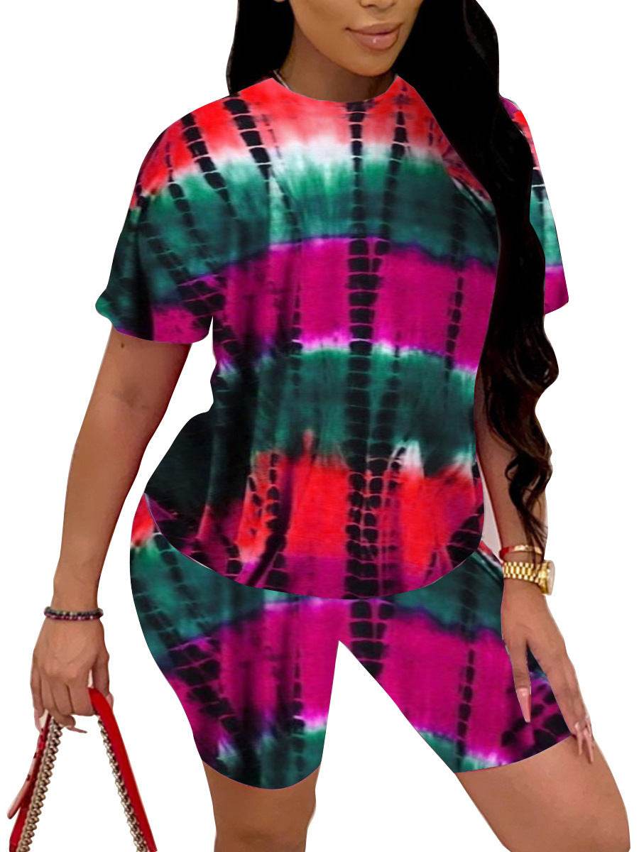 Tie-Dye Printed Pajama Sets Womens Summer Slim Casual Sleep Short Sleeve Shorts Sports Suit Loungewear Women Pigiama Donna - Velora