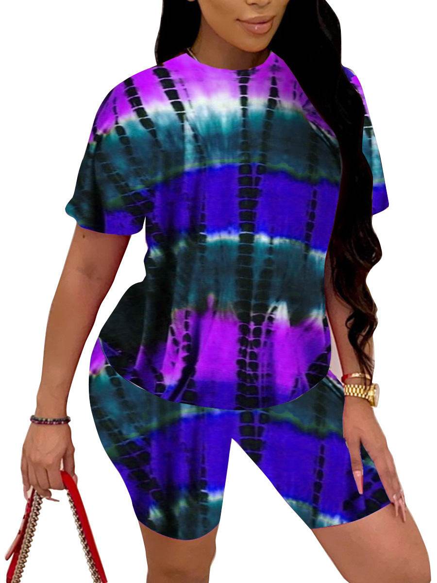 Tie-Dye Printed Pajama Sets Womens Summer Slim Casual Sleep Short Sleeve Shorts Sports Suit Loungewear Women Pigiama Donna - Velora
