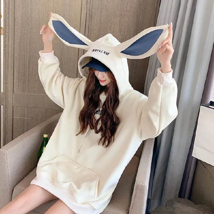 Cute Women Girls Rabbit Ears Plus Velvet Thick Hoodies Pullover Pocket Sweatshirts - Velora