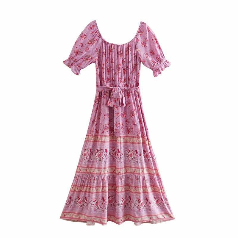 Aachoae Women Elegant A Line Long Maxi Dress With Belt Summer Floral Print Beach Dress Ruffle Short Sleeve Bow Tie Chic Dresses - Velora
