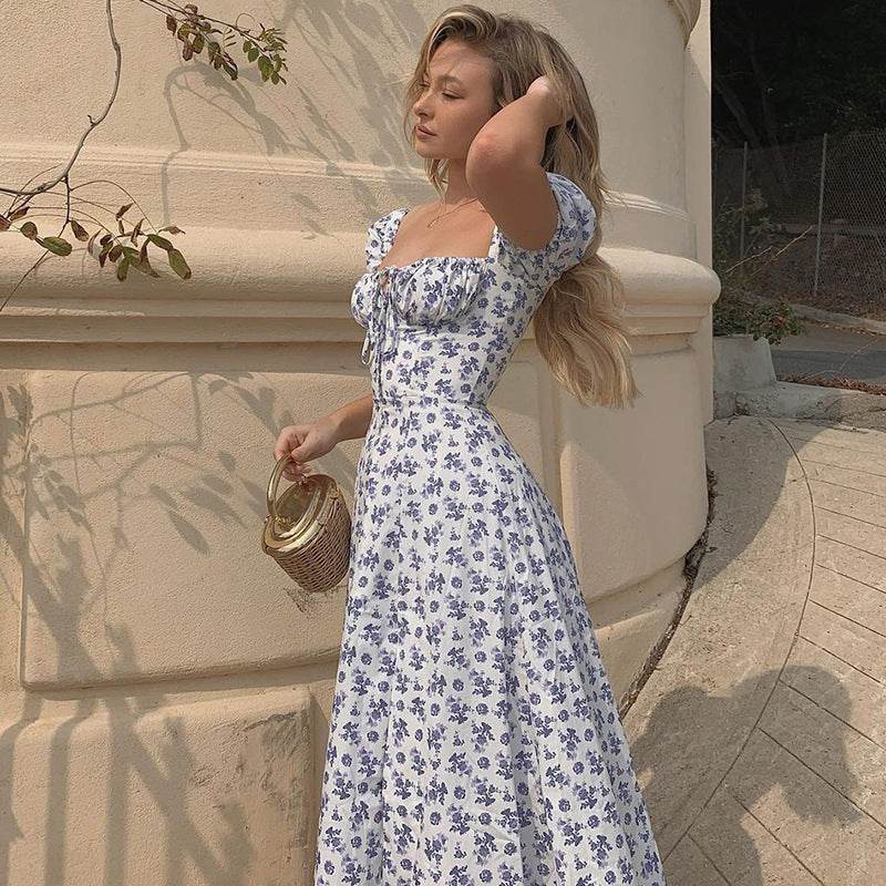 Summer Floral Print Dress Women Sexy Party Long Dresses Puff Short Sleeve - Velora