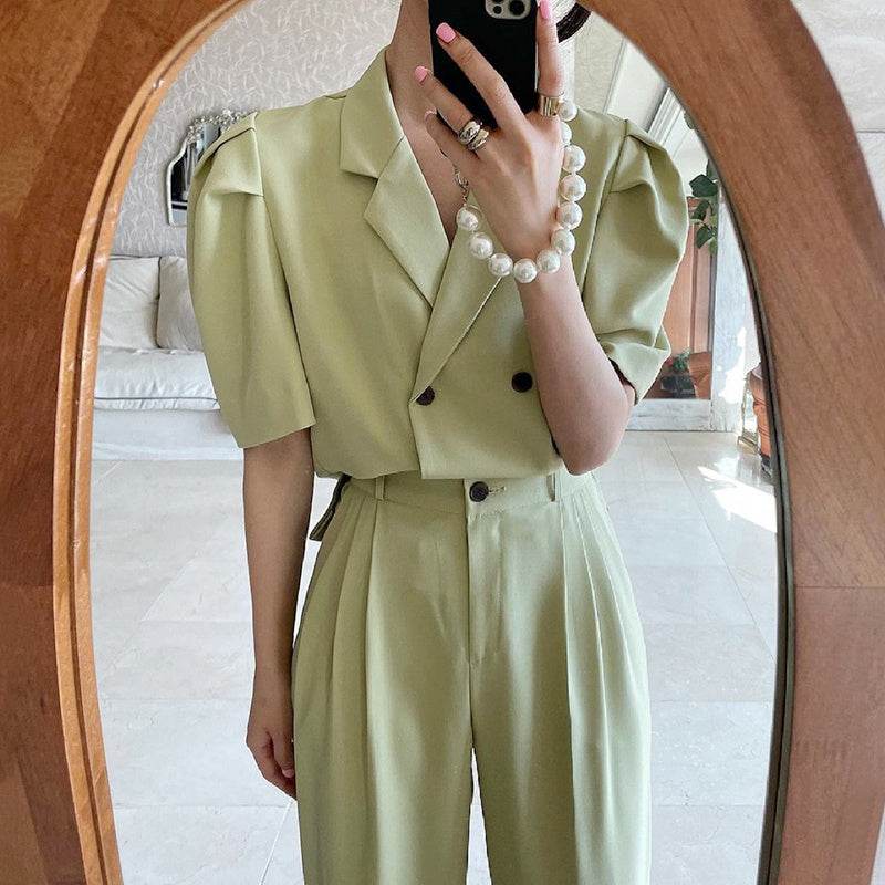 Simple Lapel Double-breasted Puff Sleeve Blazer High-waist Pleated Casual Trousers suit - Velora