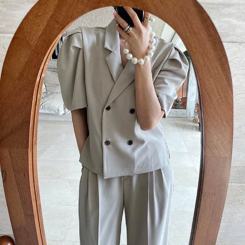 Simple Lapel Double-breasted Puff Sleeve Blazer High-waist Pleated Casual Trousers suit - Velora