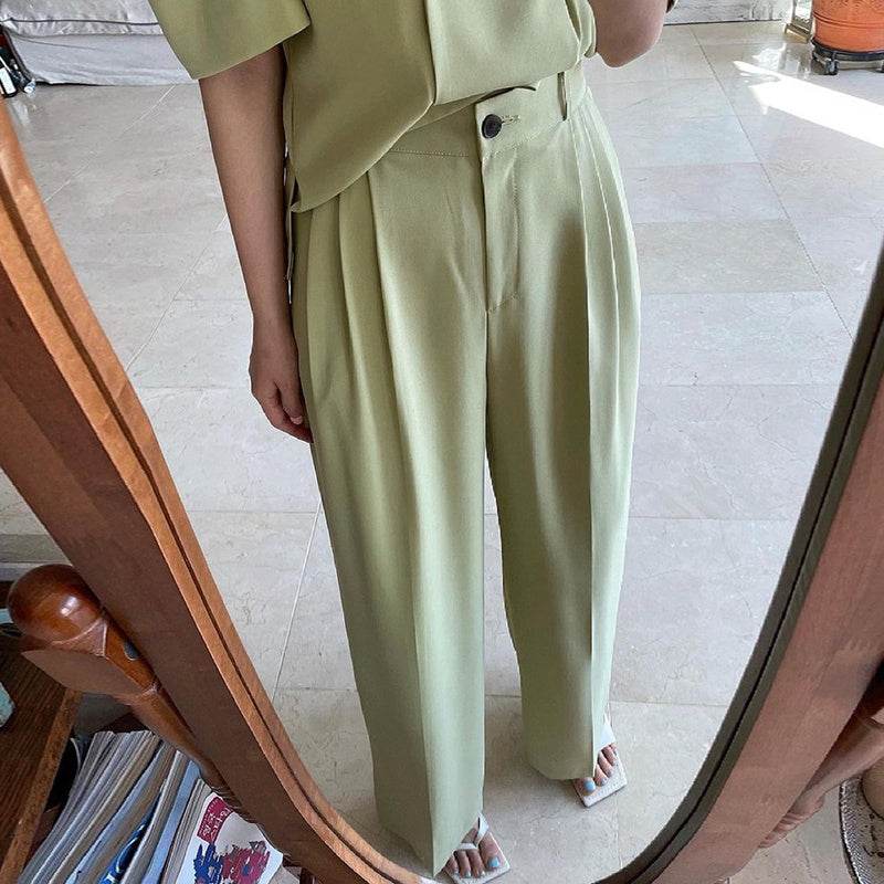 Simple Lapel Double-breasted Puff Sleeve Blazer High-waist Pleated Casual Trousers suit - Velora