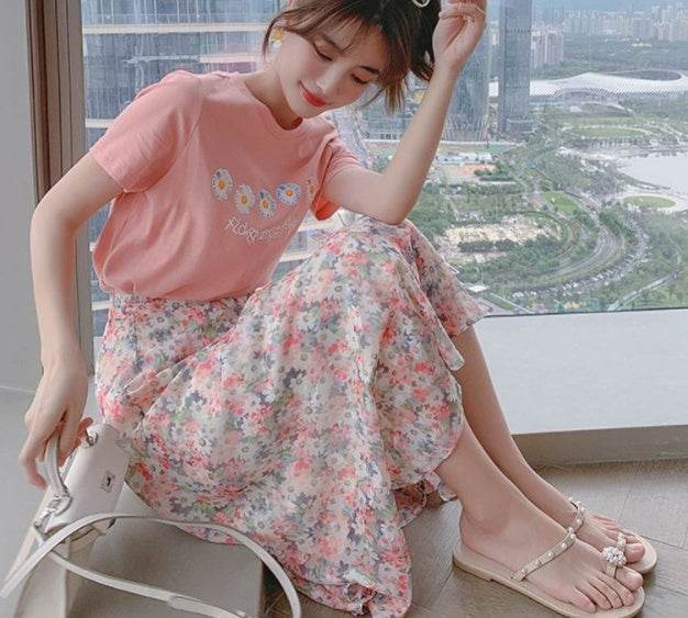 Summer Sale Sweet Daisy T-shirt Skirts Sets Women Leisure Floral Clothing Fashion Slimming Dress - Velora