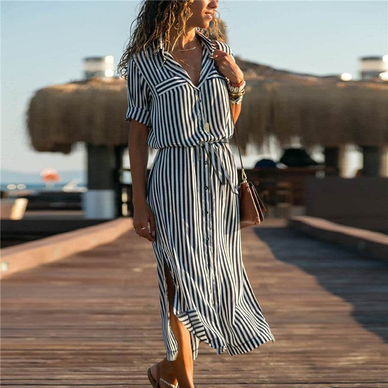 Stripe Shirt Women's Dress Spring Summer Chiffon V-neck Sexy Maxi Dresses Sexy Elegant Casual Girl Lace Women Long Sleeve - Velora