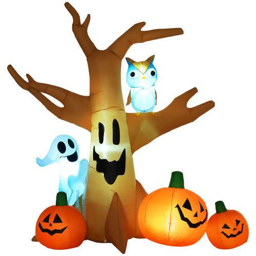 HOMCOM 7.5 Tall Lighted Halloween Inflatables Outdoor Decorations Haunted Tree With Owl, Ghost, Pumpkins, Blow Up LED Yard Decor For Garden, Lawn, Party, Holiday, Waterproof - Velora