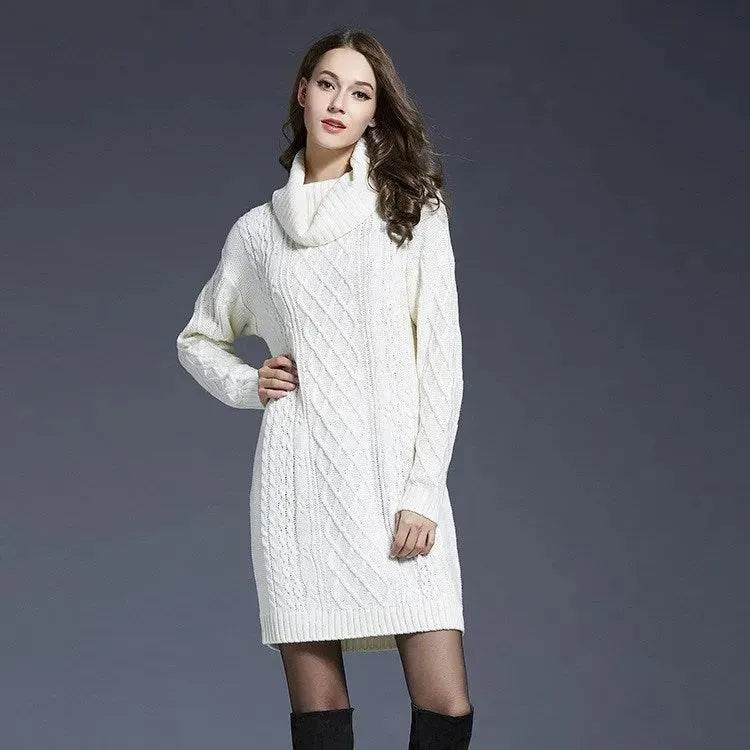 New Autumn Winter Solid Knitted Oversized Mini Turtleneck Sweater Dress - Velora