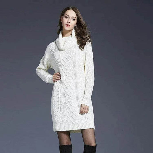 New Autumn Winter Solid Knitted Oversized Mini Turtleneck Sweater Dress - Velora