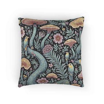 Mushroom and Fern Tapestry Pillow | Woven Decorative Throw Pillow