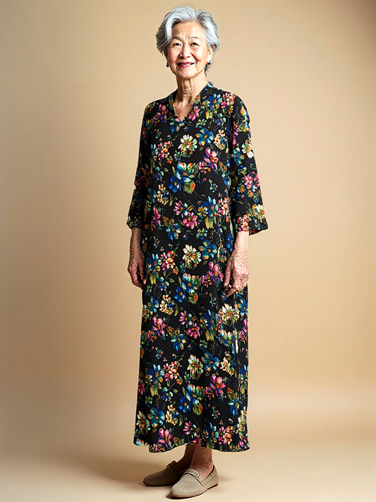 Women’s Adaptive Black Floral Dress – Open-Back, 3/4 Sleeve, V-Neck Adaptive Comfort Clothing