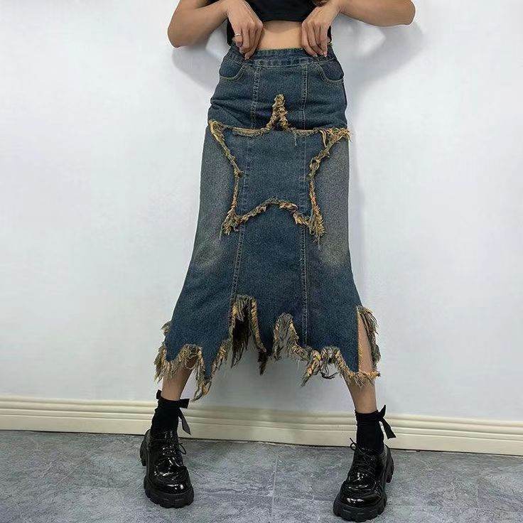 Women's American-style Retro High Waist Irregular Midi Denim Skirt - Velora