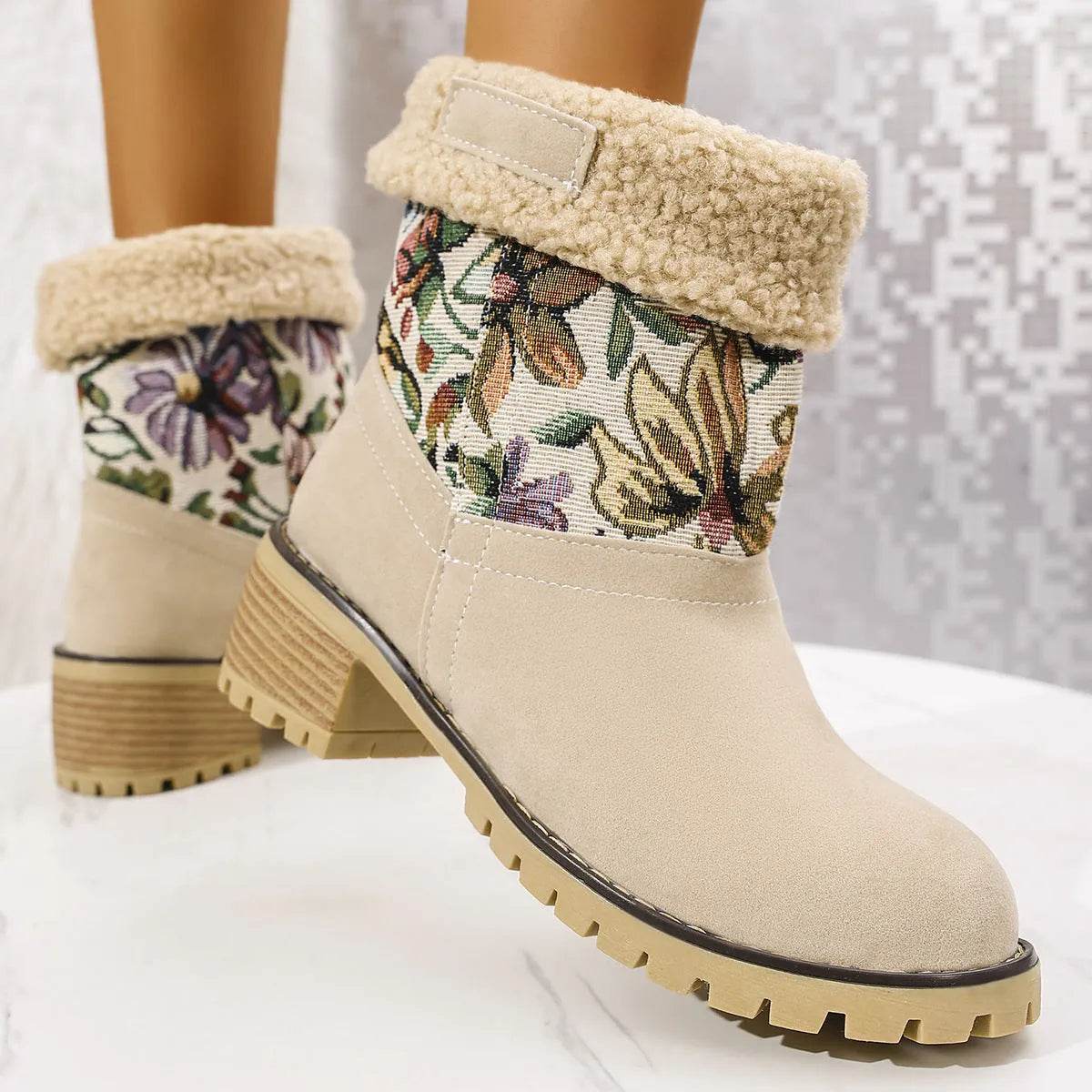 Flowers Embroidered Snow Boots Ethnic Style Platform Thick Square Heel Mid-tube Boot Winter Warm Cotton Shoes For Women - Velora
