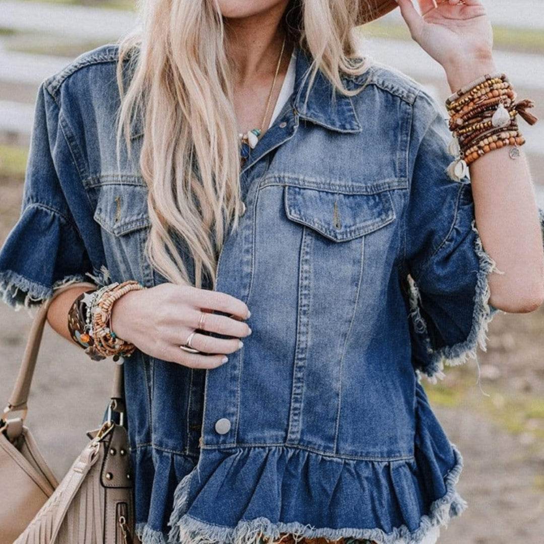 Loose Denim Jacket with Ruffled Sleeves Casual Cotton Style - Velora