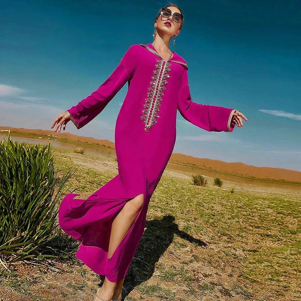 Women's Luxury Rose Red Hooded Middle East Moroccan Dubai Style Dress Fancy Embellish Summer Turkish dress